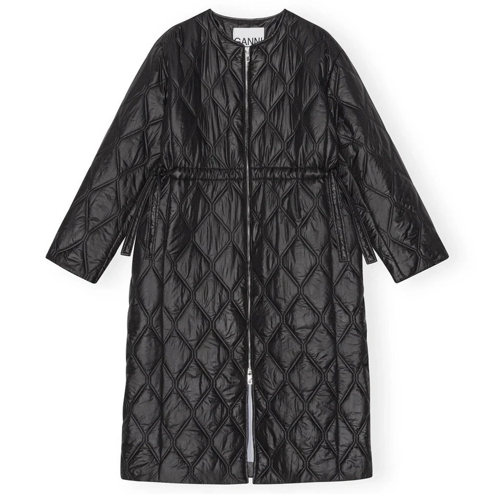 Ganni Black Shiny Quilt Long Coat- - Picture 2 of 7